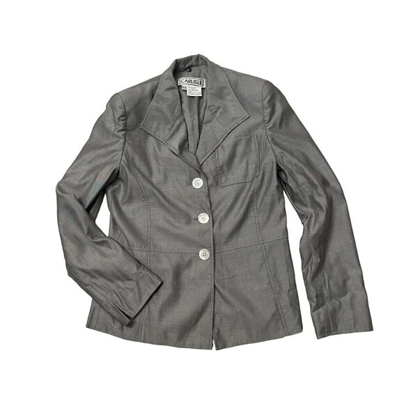 Carlisle Wool Silk Blend Blazer Jacket Three-Button Front Patch Pocket Gray SZ 8 - Picture 1 of 11